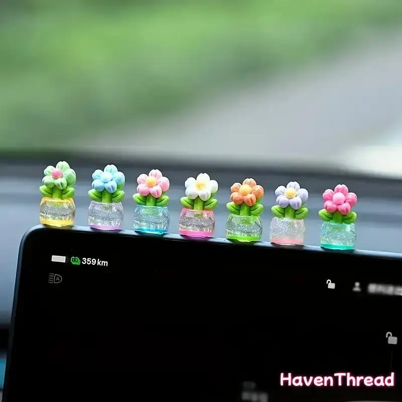 HavenThread Resin-Crafted 7-Piece Realistic Nature Miniature Flower Potted Plants Ornaments Set, Compact DIY Bag Accessory, Home Office Cute Desktop Decor, Creative Decorative Home Ornament, Interior Decoration Accessory, Home Office Decor