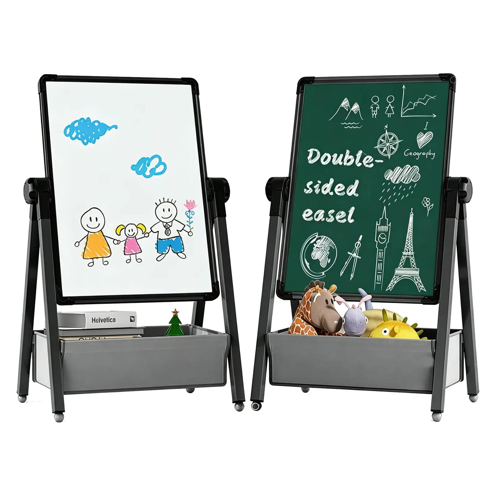 Art Easel for Kids, Double Sided Kids Easel Drawing Board, Whiteboard & Chalkboard  for Kids Toys, 360°Rotating Adjustable