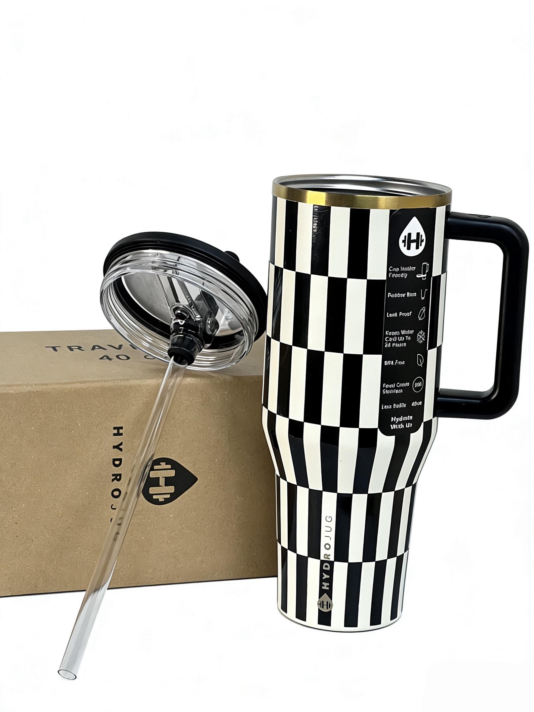 HydroJug 40oz black and white checkered straw cup, keeps drinks hot or cold. Great for commuting and fitness. With a handle for easy carrying. The straw lid makes drinking super convenient.
