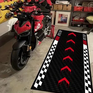 Cool Pattern Car Parking Mat, Checkered Area Rug, Cyber Metal Style Race Bike Motorcycle Floor Mat, Garage Display Pad for Garage Track Hallway Use