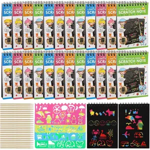 24 Pack Scratch Paper Art for Kids, Scratch Off Notebook Black Coloring Books with 24 Wooden Stylus & 4 Drawing Stencils for Age 4-12 Boys Girls Party Favor Halloween Christmas Birthday Gift