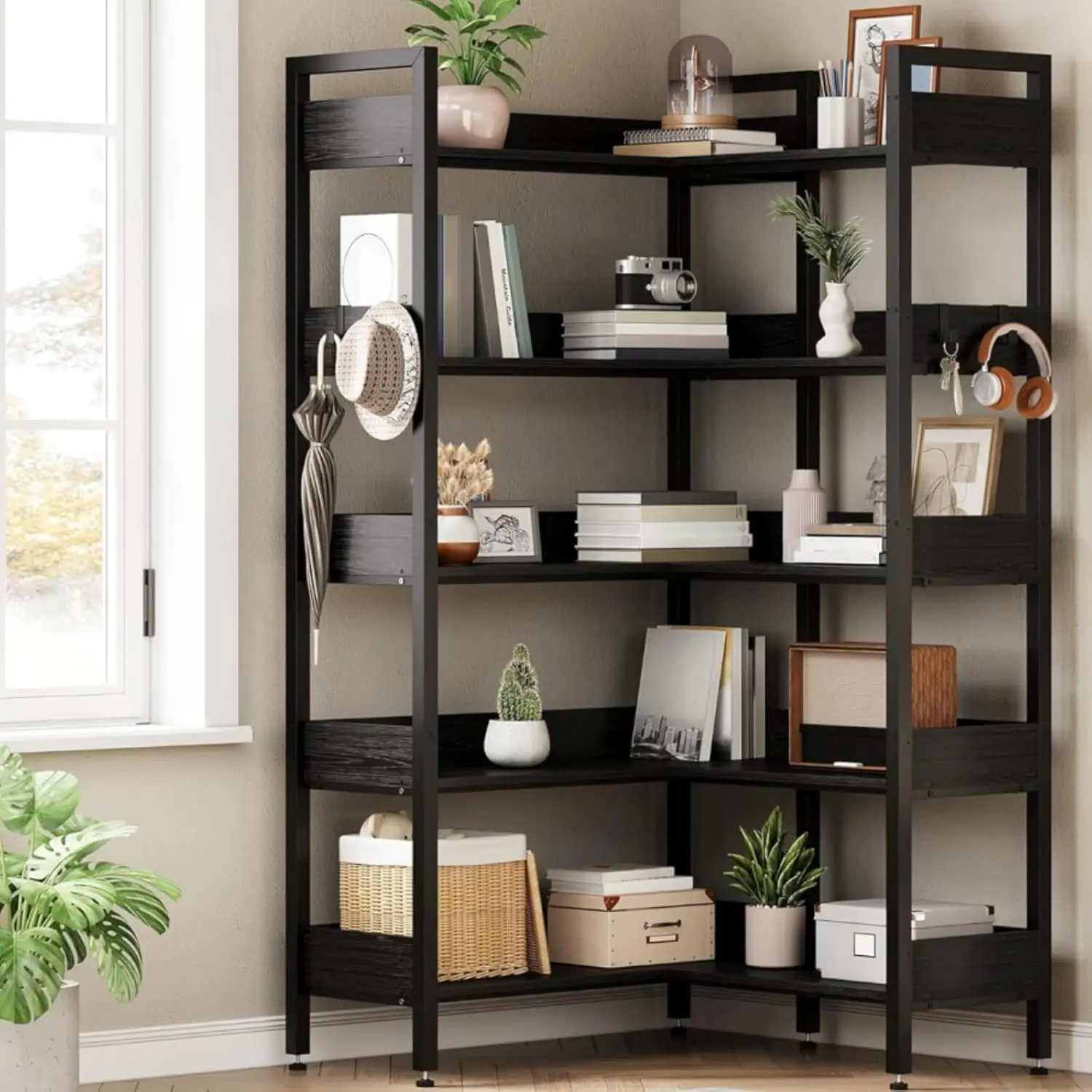 Corner Bookshelf 5-Tier Bookshelves with 4 Hooks Corner Bookshelf 5-Tier Bookshelves with 4 Hooks