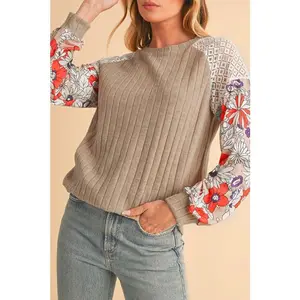 EG fashion ribbed lace patch floral sweatshirt