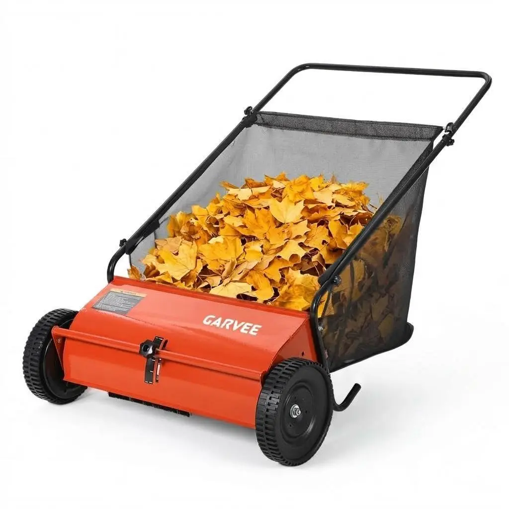 GARVEE 26 Inch Push Lawn Sweeper, 7 Cu. ft Grass Cutter, 4 High-Speed Spinning Brushes, Durable Steel Construction, Walk-Behind Leaf & Grass Collector for Yard Cleanup,Orange
