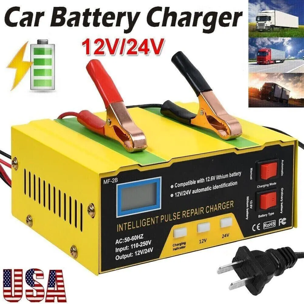 Winter Auto Essentials 12V/24V Battery Charger Heavy Duty 180W Pulse Repair Trickle Maintainer Lithium Lead-Acid SUV Motorcycle Garage Tool Dad Gift