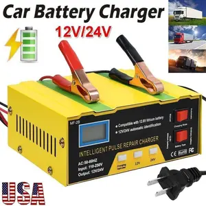 Winter Auto Essentials 12V/24V Battery Charger Heavy Duty 180W Pulse Repair Trickle Maintainer Lithium Lead-Acid SUV Motorcycle Garage Tool Dad Gift