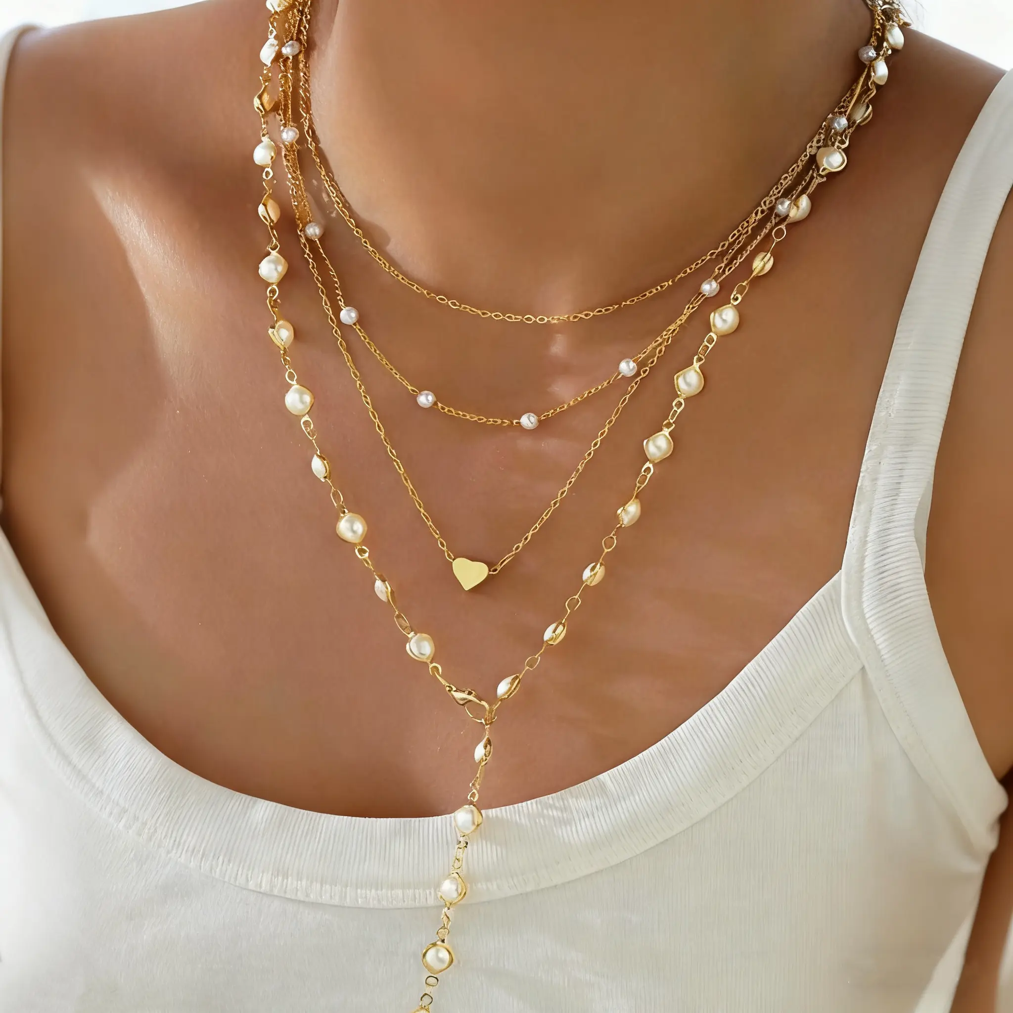JewelryUSA - 4 Pcs/Set Fashion Minimalist Elegant Pearl Heart Pendant Y-Necklace Multi-Layer Necklace for Women Vacation Party Jewelry 2026