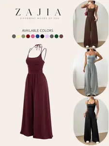2026 Summer Women's Spaghetti Strap Jumpsuit, Sleeveless High Waist Wide Leg Flared Floor Length, Vacation Style