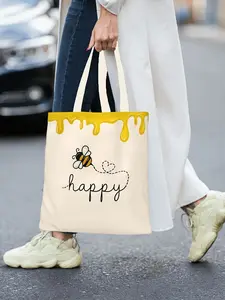 Cute Bee Pattern Canvas Handbag, Reusable Bee Print Tote Bag, Shoulder Bag for Women and Students, Ideal for Commuting, Casual Shopping, Beach Outings
