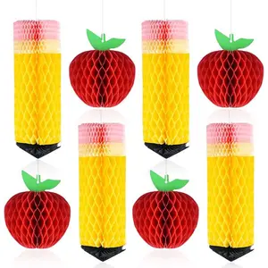 8 Pcs Welcome Back to School Hanging Decorations Pencil Hanging Honeycomb Back to School Classroom Decorations Tissue Paper Apple Honeycomb Centerpieces Ceiling Decor for First Day of School Party