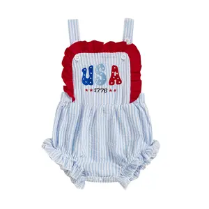 4th of July Baby Girls USA 1776 Embroidery Bubble Romper Newborn Ruffles Sleeveless Striped Stars Onesie Bodysuit Summer Outfit