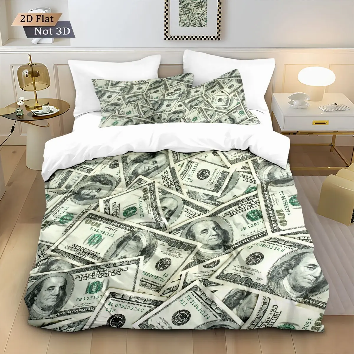 TikTok Viral Money Print Duvet Cover Set, 3Pcs 100 Dollar Bill Bedding Set for Bedroom, Soft Microfiber Comforter Cover with Pillow Shams, Queen/King Size, Bed Sets Supplies
