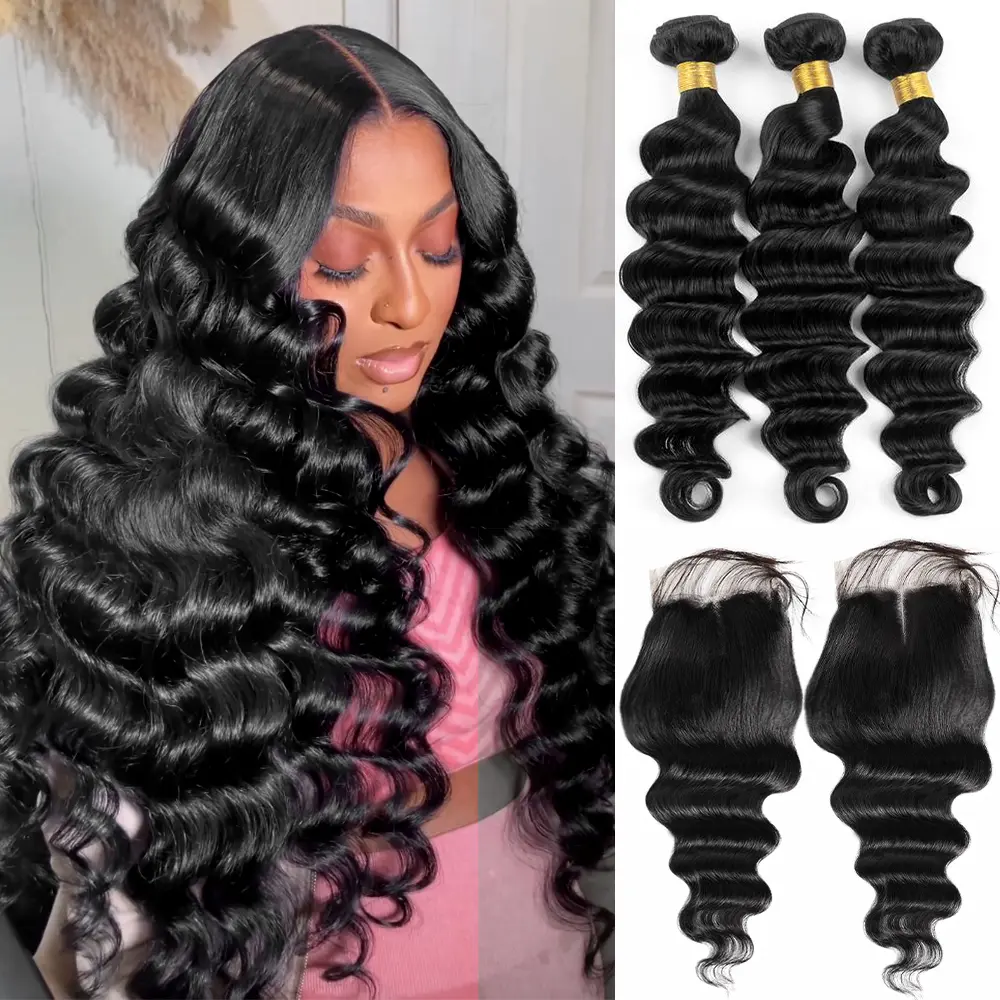 Loose Deep Wave Hair 3 Bundles with 4×4 Lace Closure Brazilian Human Hair Bundles with 4x4 Lace Closure No Shedding Tangle Free