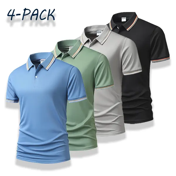 Men's Classic 4-Pack Stretchable Buttoned Polo Shirts (Menswear) - Short-Sleeve, Striped Collar, Breathable Mesh Fabric, Quick-Dry Dry-Fit Cooling Well-Fitted Sports Tops for Outdoor Golf, Casual Commuting, Well-Fitted Polo Shirts