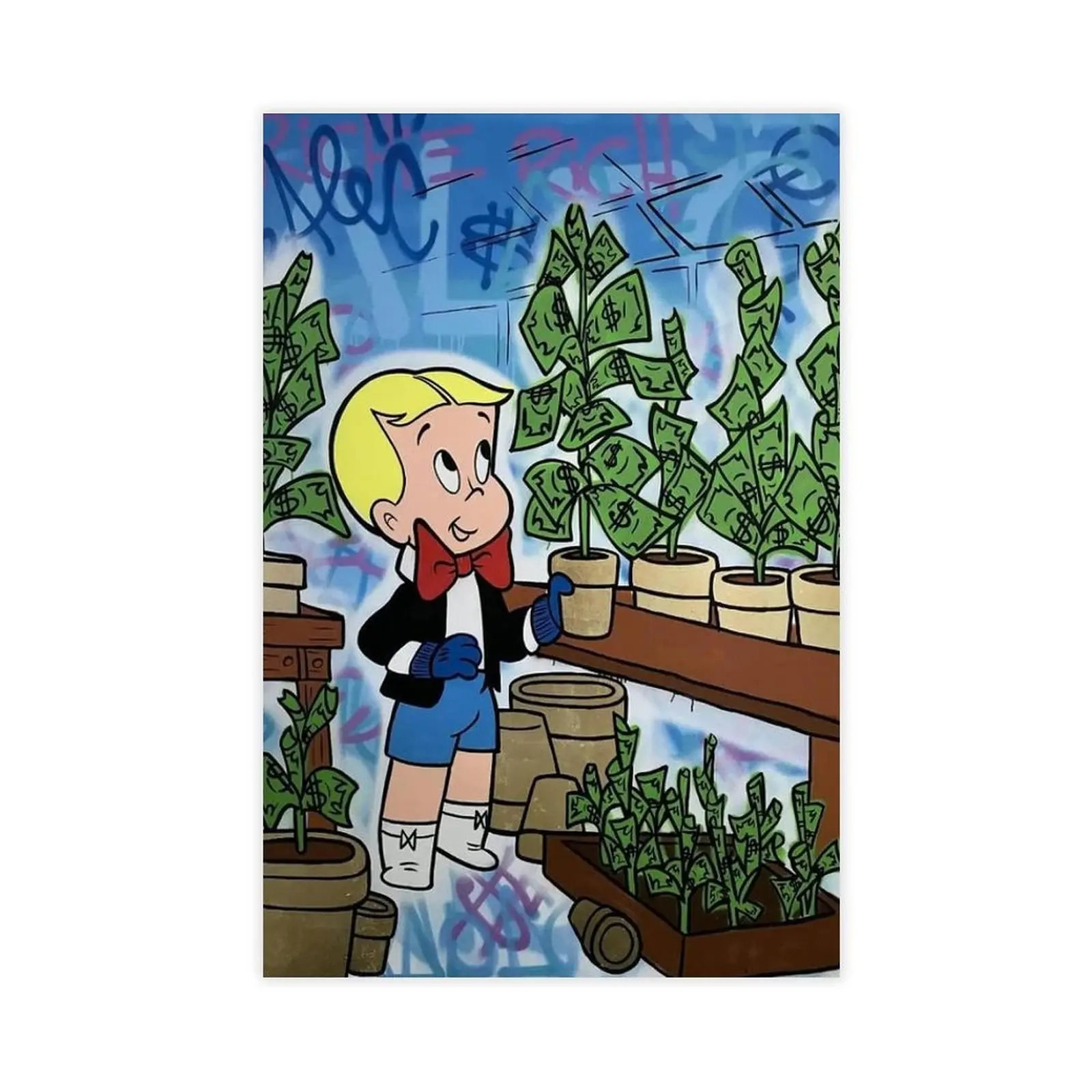 Richie Rich Money Plant Alec Monopoly Cartoon Art Print - Lightweight Wood Framed/Unframed Graffiti Hustle Motivational Decorative Poster, 24×36 in Home Decor for Living Room, Kid Room, Balcony, Wardrobe Hanging