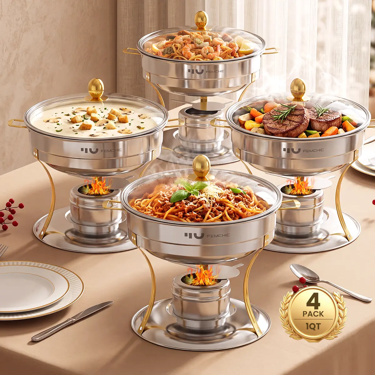 Femchic 1QT Mini Chafing Dish Buffet Set, 4 Pack Stainless Steel Round Chafer Set with Vented Glass Lids, Rolled Rim, Individual Shabu Hot Pot for Sauces and Daily Dining