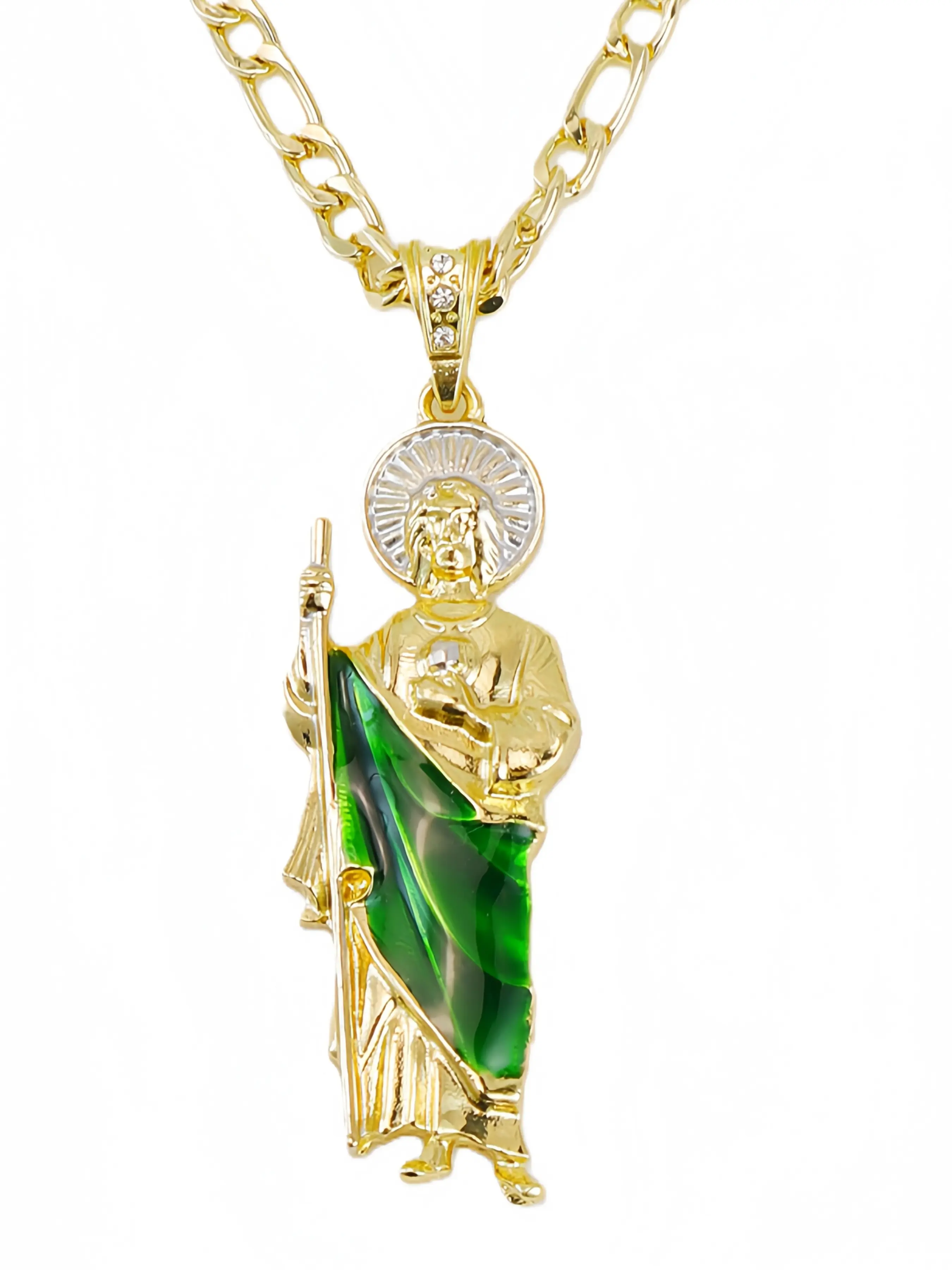 Green San Judas Tadeo Costume Necklace, 24in Figaro Chain Link Necklace for Anniversary, Chain Link Necklaces