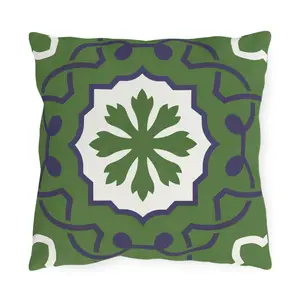 Green  Mediterranean Tile Outdoor Pillow | Sunflower Geometric Pattern
