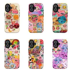 Psychedelic Mushroom & Rainbow Aesthetic Protective Cellphone Cover, Straight-Edge Surreal Retro Shockproof Durable Casing, iPhone 11-17 Pro Max Tech Accessory, Phone Accessories Gift for Her