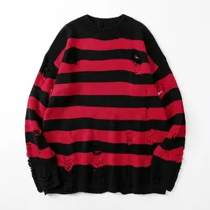 Men’s distressed striped sweater — red and black, avant-garde fashion, suitable for punk enthusiasts, medium size, bold contrast design, casual jeans