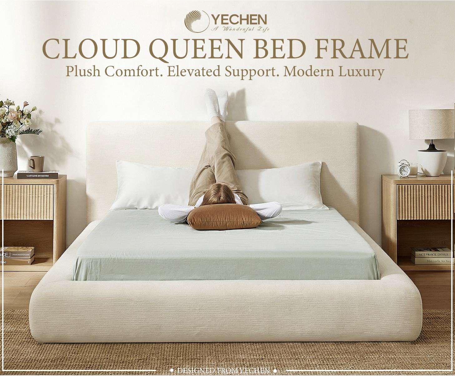 Yechen Platform Bed Frame, Upholstered Bed Frame with Headboard, 5.9" Thick Padded Cloud Bed Frame with Ribbed Chenille Fabric, Easy Assembly, No Box Spring Needed, Noise Free, Cream (Queen, King)