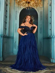 Plus Size Sequin Cold Shoulder A-Line Evening Gown | Off-the-Shoulder Ruffle Tulle Formal Dress with Train | Elegant Prom Gown for Formal Events