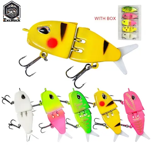 EXCROCK 5-Pack Mini Glide Bait, Slow Sinking Multi-Jointed Hard Lure with Soft Tails & 3D Realistic Eyes, Top Water & Glide Action, Wide S Motion, Soft Rubber Fins, Pike, Swimbait Wobbler Fishing Tackle Gear for Anglers, Amazing Gifts