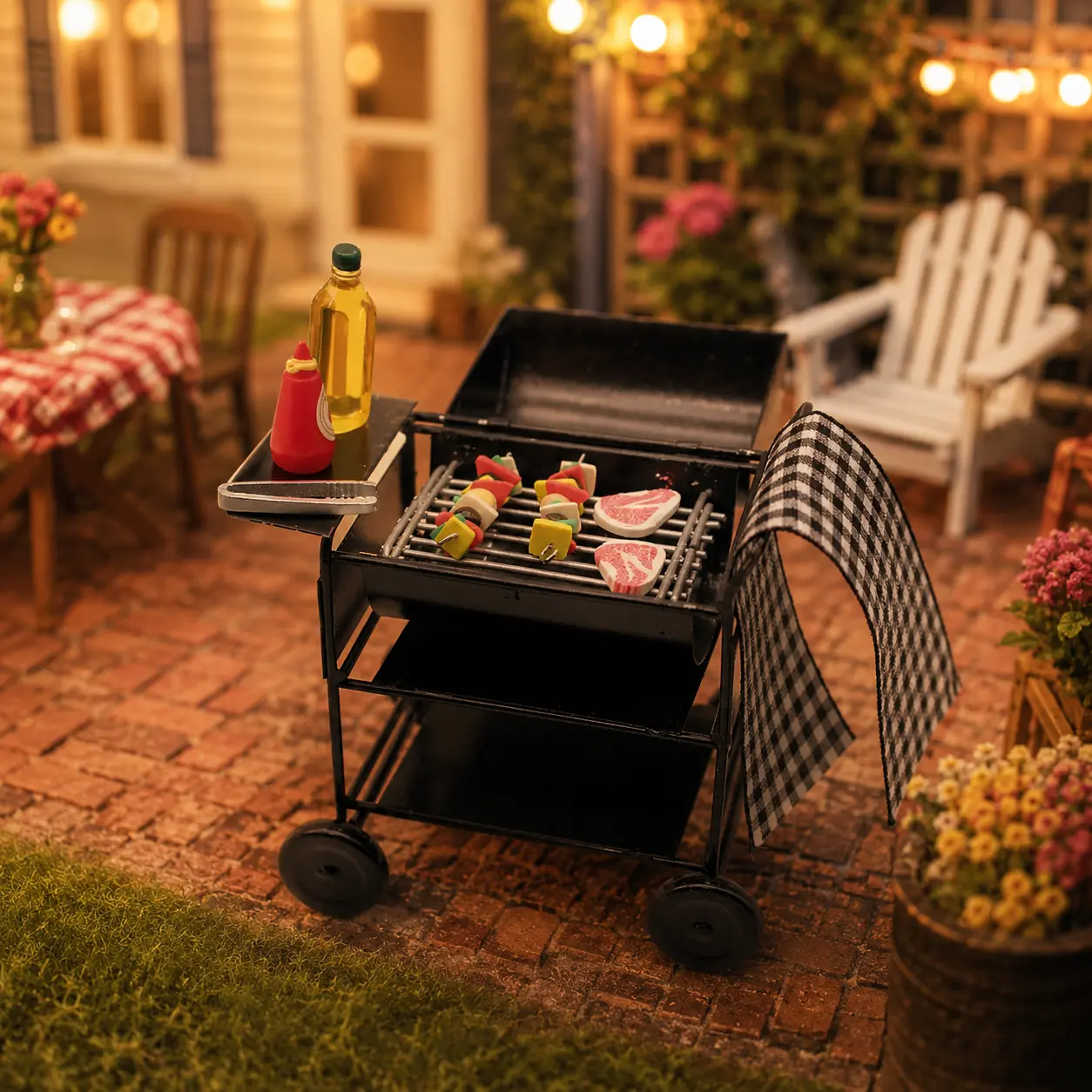 1:12 Miniature Black Metal BBQ Grill Dollhouse Outdoor Barbecue Cart with Food Accessories