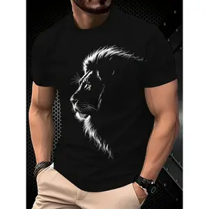 100% cotton Men'S Trendy Streetwear Black Lion Print Short-Sleeve T-Shirt, Featuring 3D Breathable Design, a Must-Have for Summer Street Style, Casual And Fashionable with a Unique Round Neck