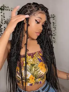 Handmade Butterfly Locs Wig with Baby Hair, 34 Inch Extra Long Braided Wig, Breathable Adjustable Cap Synthetic Wig