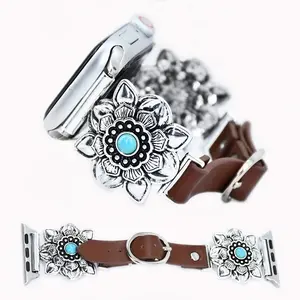 Vintage Metal Flower Strap Compatible with Apple Watch 38-49mm, Soft Leather Band for Ultra 1/2 Series 10-1, Unisex Daily Wear, Smart Watch Straps