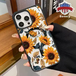 Wild Sunflowers Pattern Phone Case Supports Wireless Charging for iPhone 15 17 16 14 Pro Max 13 12 11 Air XR XS Plus E Shockproof Non Slip Protection Silicone Transparent Acrylic Cover Cellphone Protective