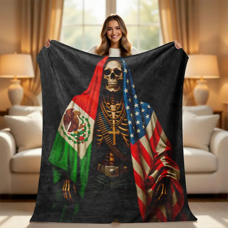 Gothic Cool Skeleton Art Graphic Blanket - Dual Mexico-US Flag Throw, Chicano Style Soft Bedding Blanket for Bed, Home Decor, Art Graphic Blankets