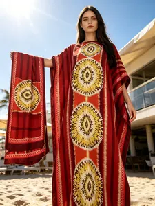 Two piece satin Kaftan set, red and yellow geometric print dress with scarf, women's oversized beach skirt loose Muslim pajamas, a loose choice for daily and party wear, Summer, Caftan Beach, perfect for beaches and resorts, Beach Kaftans