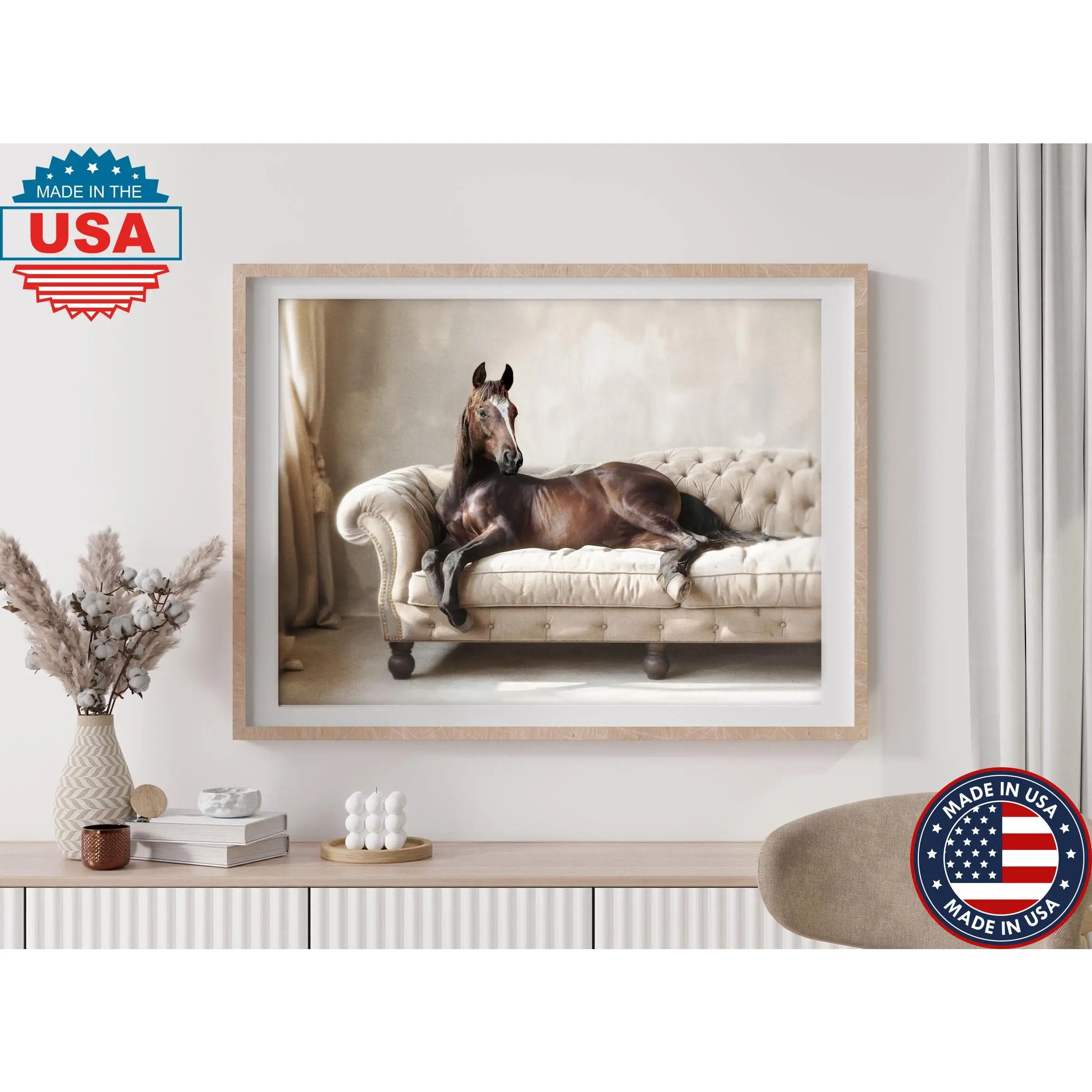 Horse lounging on sofa print, horse on couch western style print, equine poster art, farmhouse decor, elegant horse wall art, large print