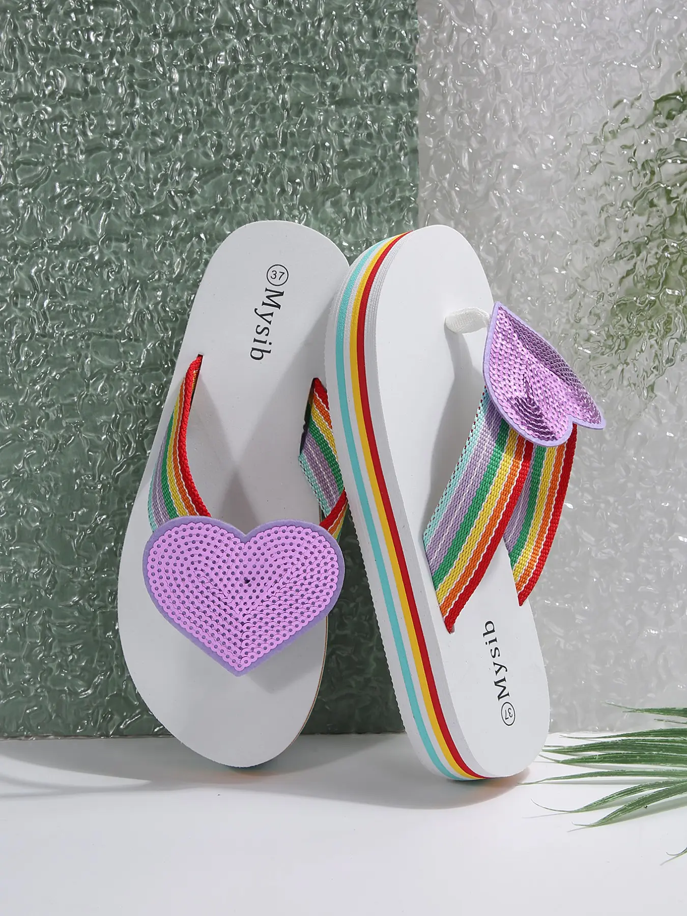 Rainbow Color Block Thick Sole Sandals, 3D Heart Decoration Flip Flops, Soft Bottom Comfortable Outdoor Women's Shoes