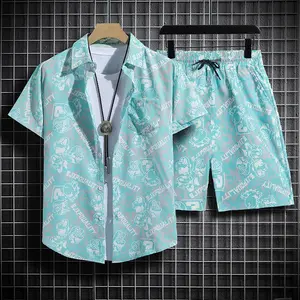 Men's Summer Vacation Style Set - Lightweight Ice Silk Lace Short-Sleeve Shirt & Loose Drawstring Pocket Shorts for Beach Golf Tennis Cycling Gifts Clothes Menswear