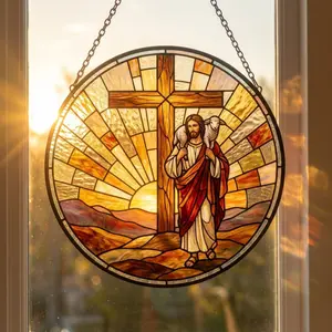 Jesus with Cross & Lamb Stained Glass Suncatcher, Christian Window Hanging Panel, Religious Sun Catcher Decor, Faith Gift for Home