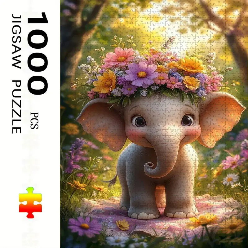 1000 Piece Cartoon Elephant Animal Shape Puzzle with Wreath, Large Adult Family Interactive Toy, DIY Home Decor Brain Challenge, Holiday Scene, Mixed Colors