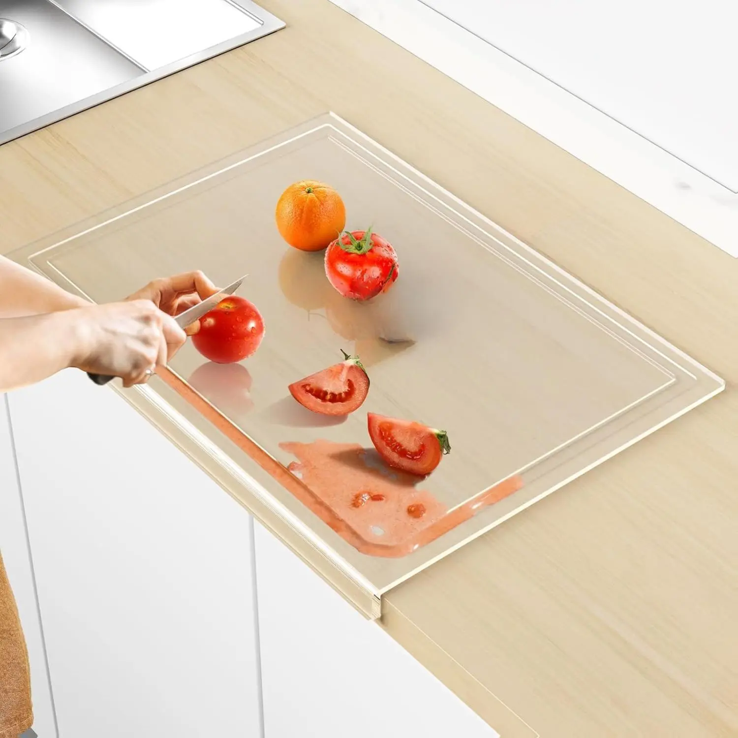 SWSKR Acrylic Cutting Board with Juice Groove Non Slip Clear 17.5x13.5 Inch for Kitchen Countertop Dough Mat 2024 Gifts for Women Food Grade Acrylic 5mm Thickness