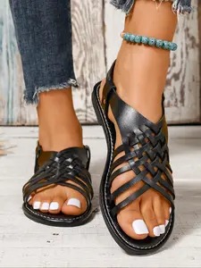 Women's Fashionable Plain Color Crossed Woven Flat Sandals, Boho Style Open Toe Slingback Sandals for Summer, Lightweight Comfortable Barefoot Shoes for Daily Wear, Girl, Crossed Strap Sandals