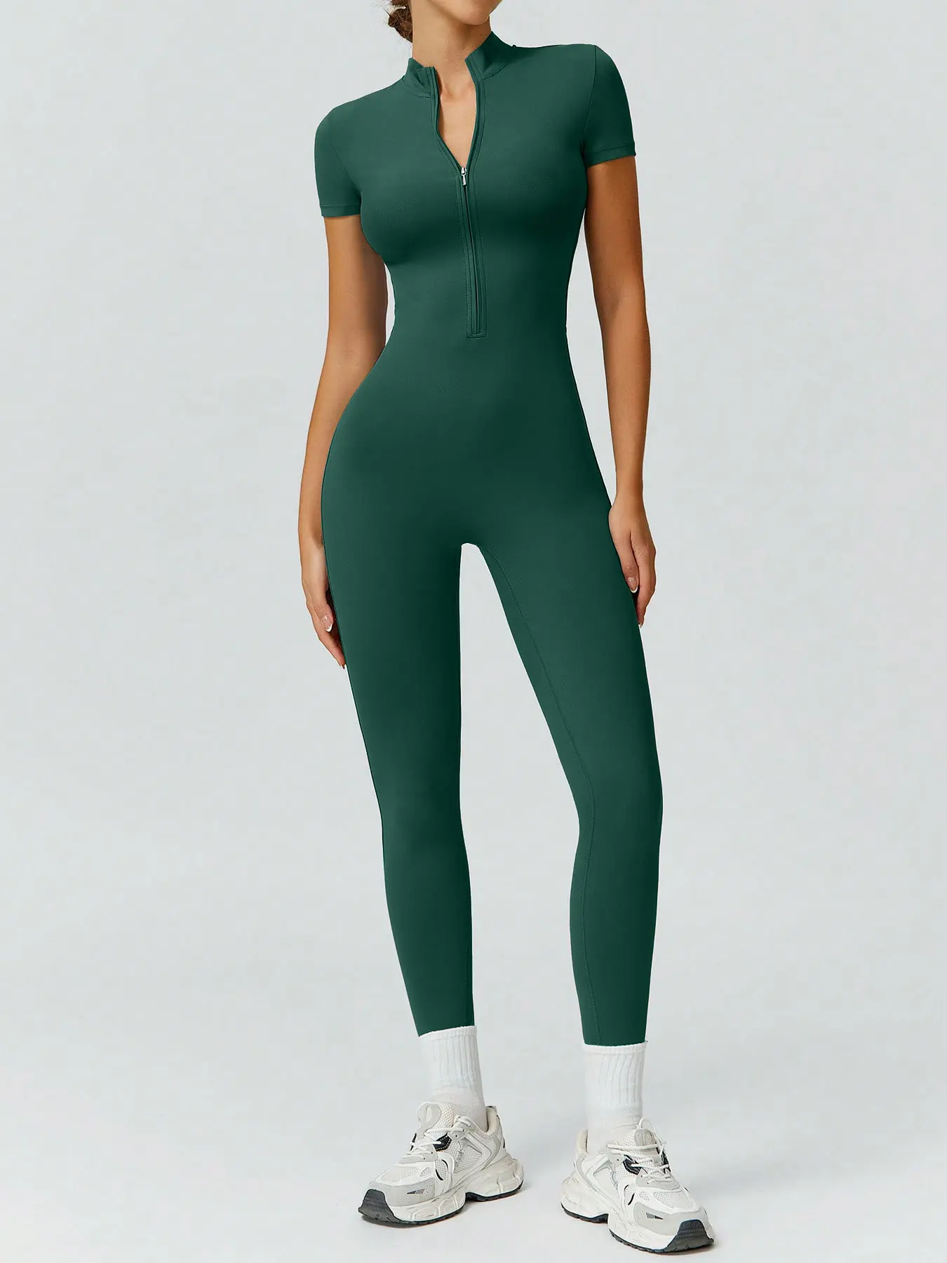 Women's Solid Color Zip-Up Stand Collar Jumpsuit, Quick-Dry Sportswear for Yoga and Gym, Summer Activewear for Ladies, Workout Jumpsuit