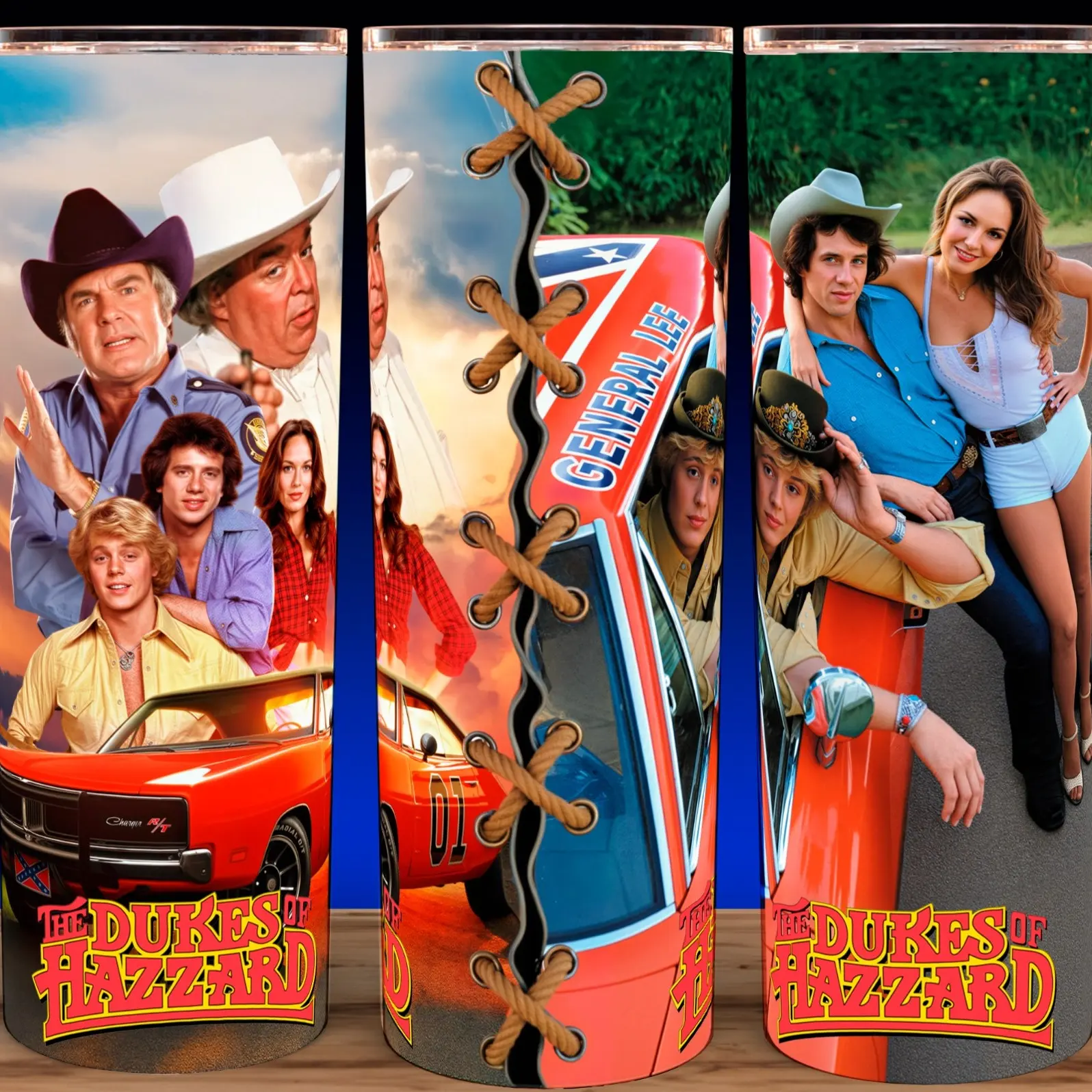 The Dukes of Hazzard - Daisy Duke - Bo Duke - Boss Hogg - Luke Duke Cup Mug Tumbler 20oz Stainless Steel Insulated Vacuum Flask with Rainy Day Design