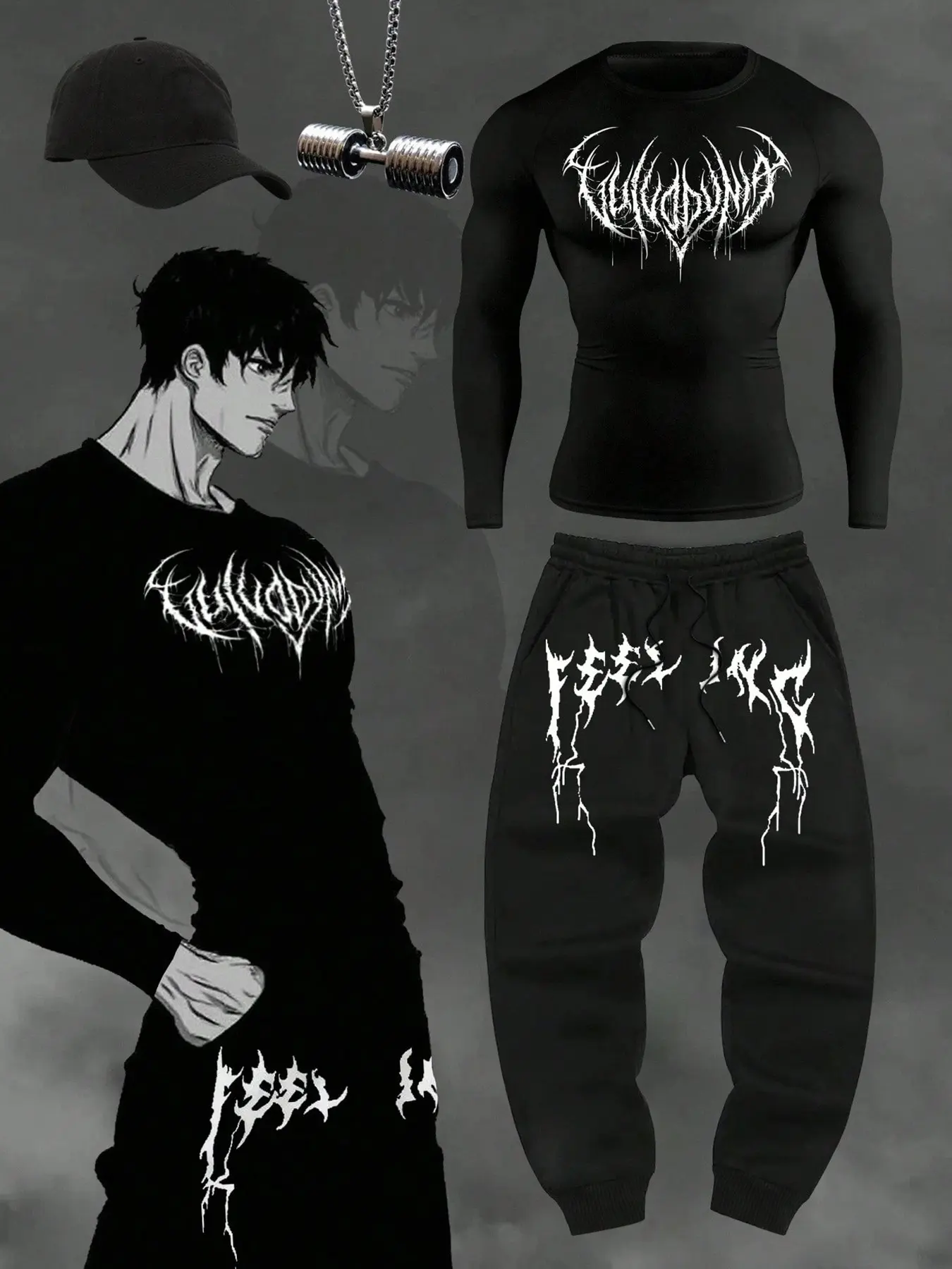 Men's Long Sleeve T-Shirt and Waist Pants Set, Outfit, Gothic Graphic Pattern, Spring & Fall Outdoor Fashion, Casual Comfortable Vintage Style, Streetwear Set, Outfit Sets, Outfits Set