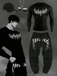 Men's Long Sleeve T-Shirt and Pants Set, Gothic Pattern, Spring & Fall Outdoor Fashion, Casual Comfortable Vintage Style