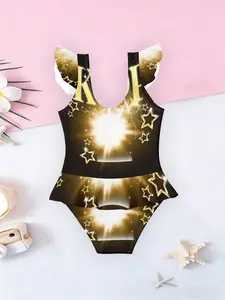 Girls' Cartoon Anime Print One-Piece Swimsuit, Ruffle Hem Swimwear, Casual Sleeveless Design, All over Print