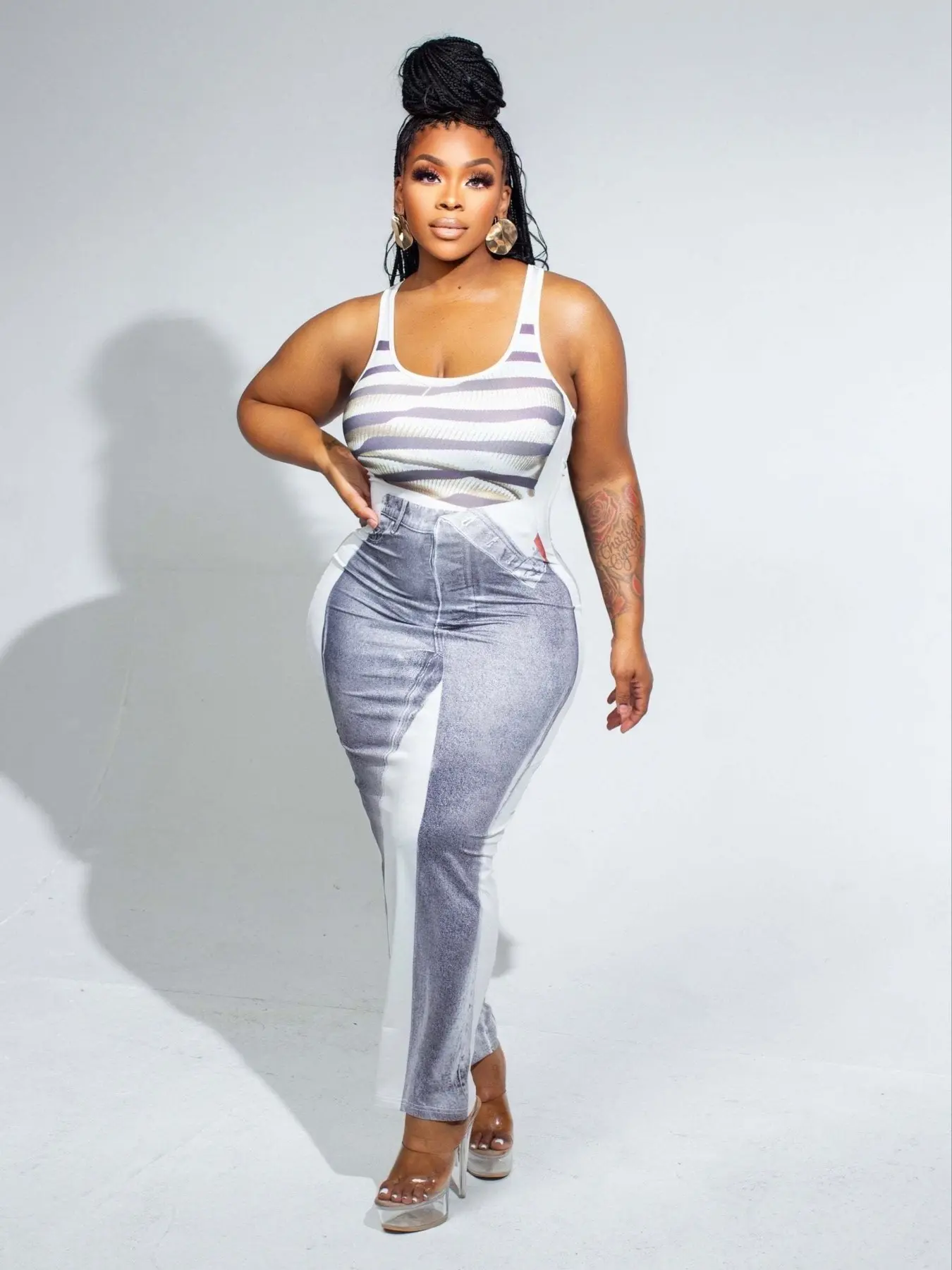 Women's Strapless Sleeveless Denim Print Striped Long Pants Dress, Stylish Casual Chic, Perfect for Everyday Daily Wear, Comfortable & Trendy Design