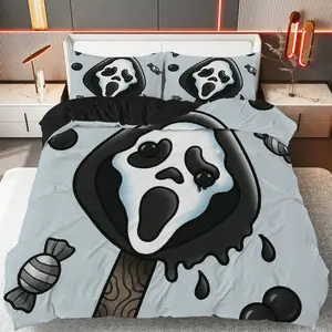 3PCS Duvet Cover Set, 1 Duvet+2 Pillowcases(Without filler), Washable Cover, Decorative Duvet Cover, Scream Ghost Candy Halloween theme, Halloween bedding set, Suitable for decoration Bedroom Hotel Dormitory