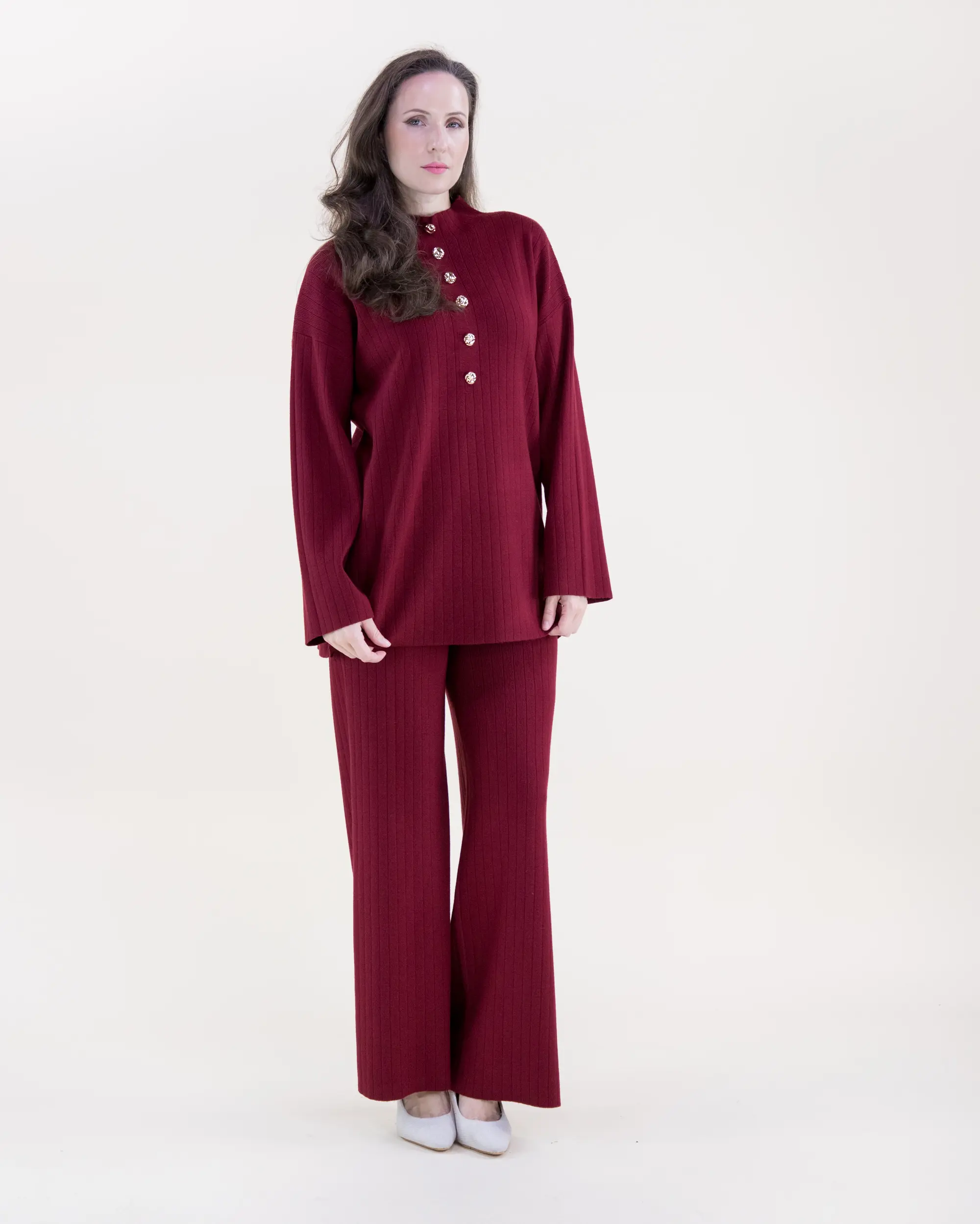 Two-Piece Set Women's Casual Faux Button Mock Turtle Neck Ribbed Sweater & Ribbed Wide Leg Knitted Pants Set