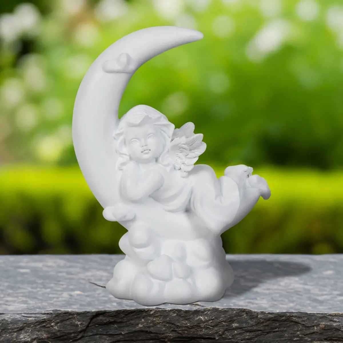 360 Stand Resin Angel Cherub Statue - 7.25in Laying-on-Crescent-Moon Home Decor Ornament for Living Space, Home Decor Accessory, Artificial Resin Statues, 3D Resin Statues